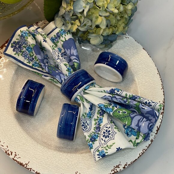 4 Glazed Ceramic Cobalt Blue Napkin Rings - Picture 10 of 10